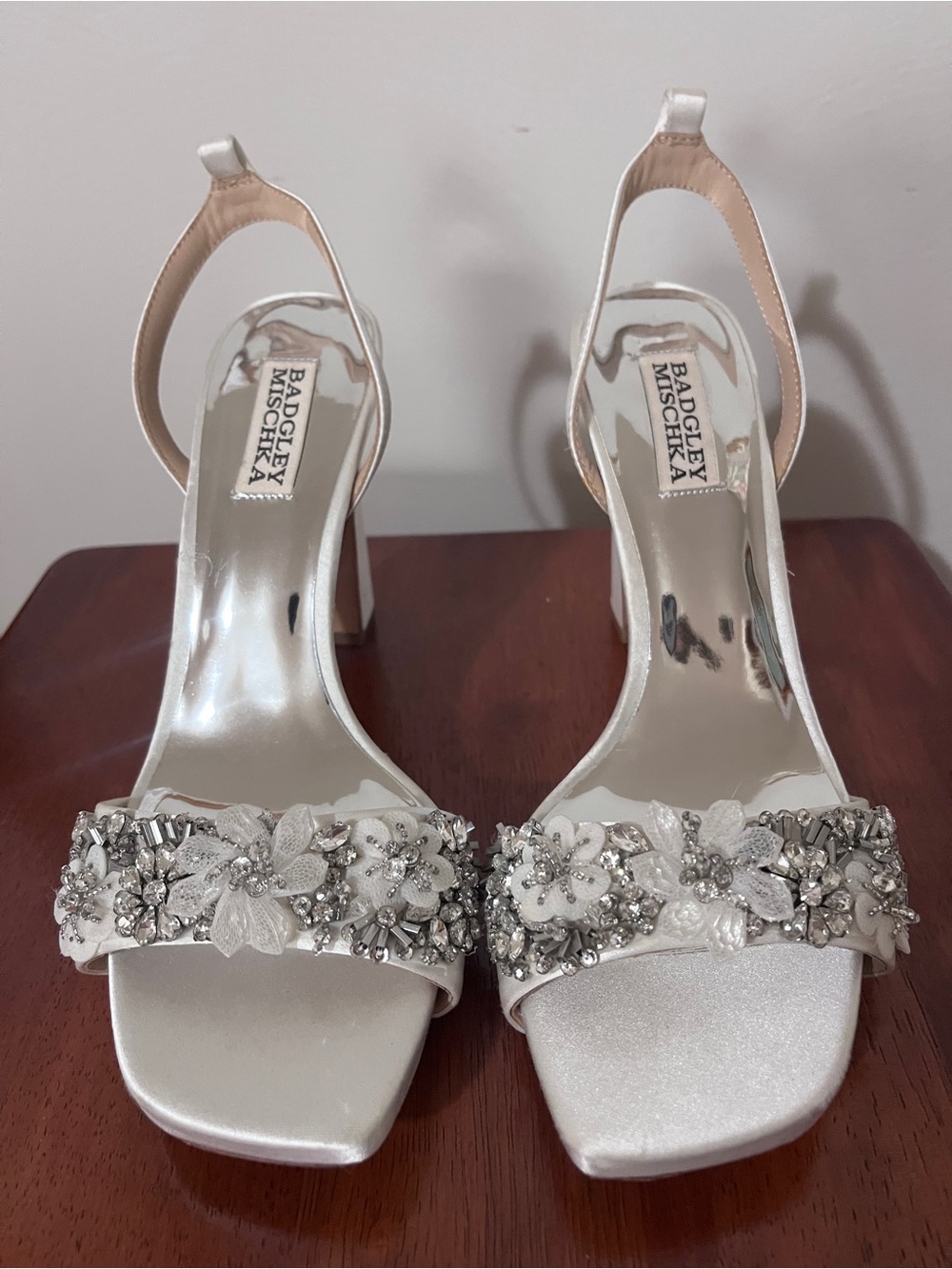 Badgley Mischka Silver Crystal Floral Embellished Satin Heels